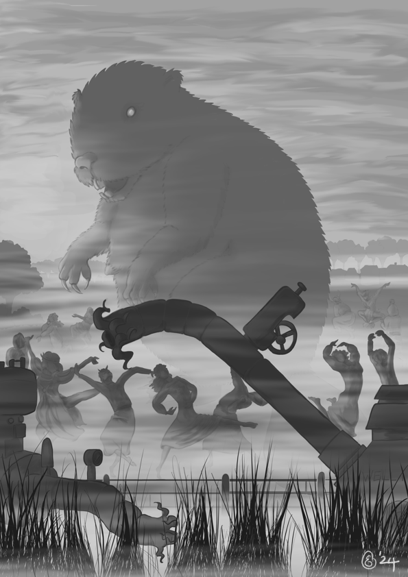 Schilderij van een reuzenbever in een mistig landschap