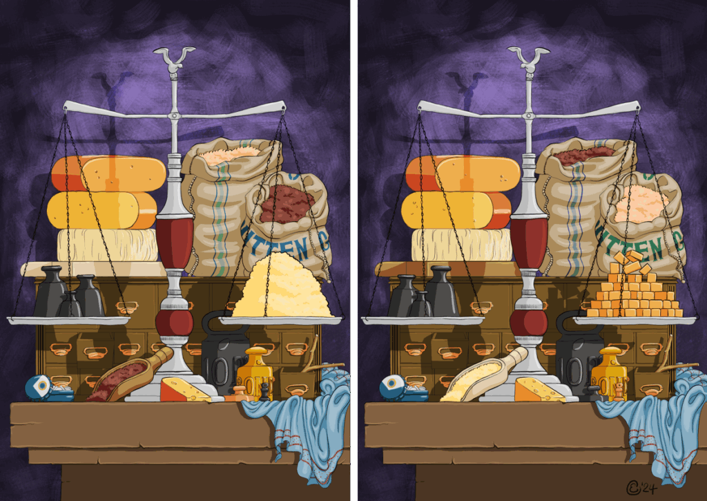 Twee schilderijen van een weegschaal op een tafel met een medicijnenkastje