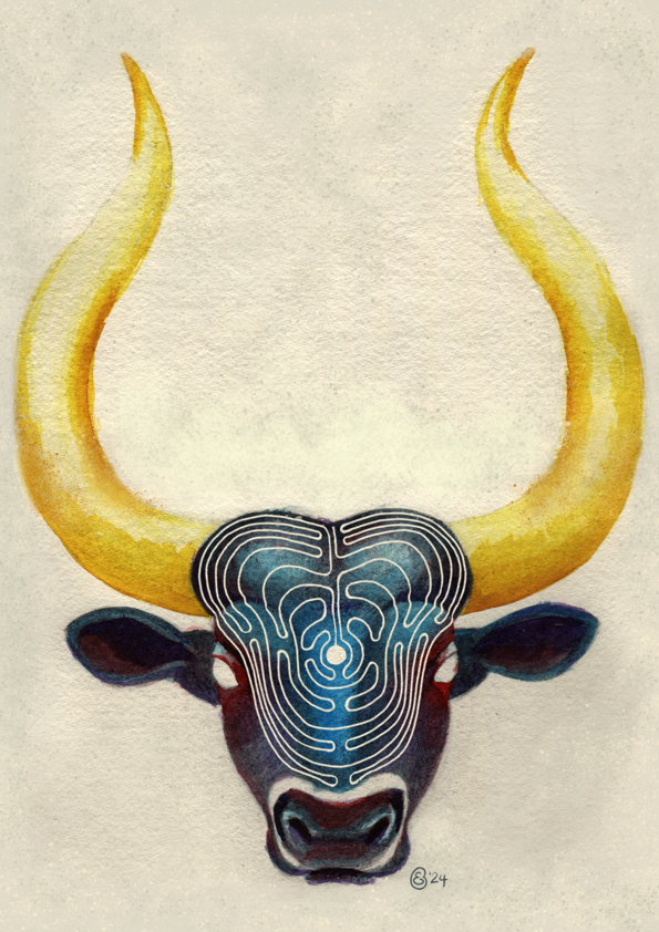 Aquarel van een stierenkop met een labyrint op het voorhoofd geprojecteerd