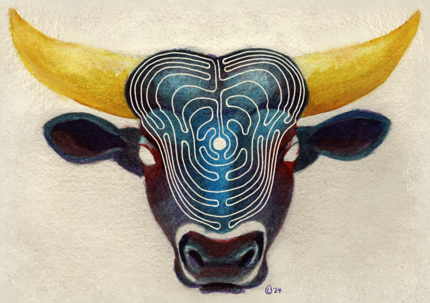 Aquarel van een stierenkop met een labyrint gerpojecteerd op het voorhoofd