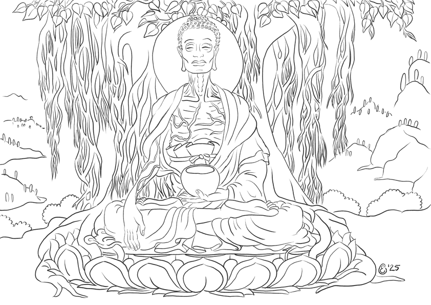 Kleurplaat van de Buddha gezeten op een lotus onder een bodhiboom met een kom in de hand