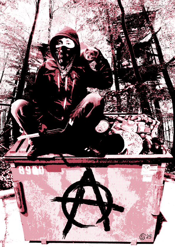 Collage van een persoon gehurkt op een container in een bos