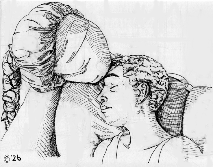 Inkttekening van een vrouw en een grote pop