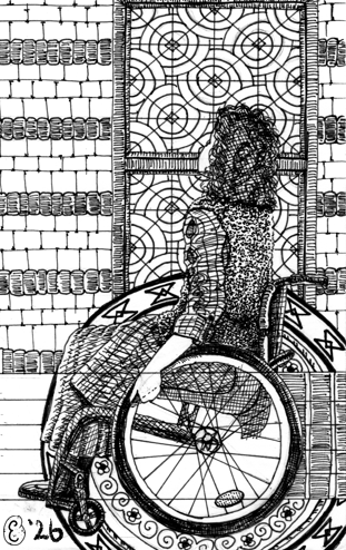 Inkttekening van een meisje in een rolstoel