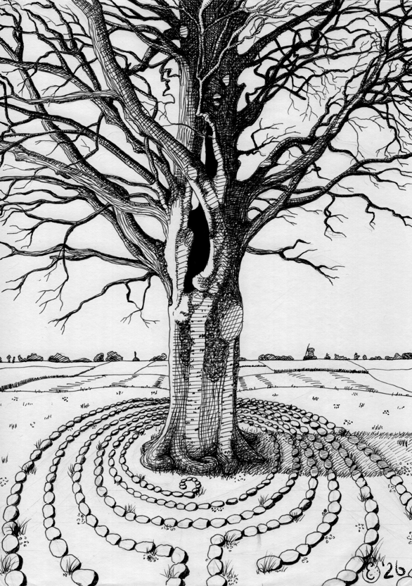 Inkttekening van een boom in het midden van een doolhof